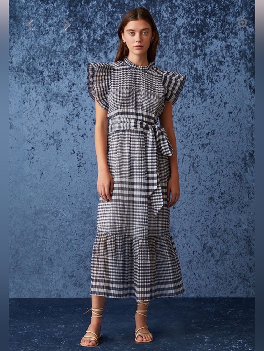 Marie Oliver Navy & White Gingham Flutter Sleeve Maxi Dress